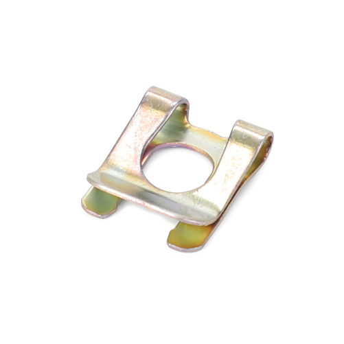 The AGCO Massey Ferguson - Retaining Clip (Part Number: 1694080M1) features a central hole and two raised tabs, making it ideal for secure attachment in Massey Ferguson 200 Series tractor parts.