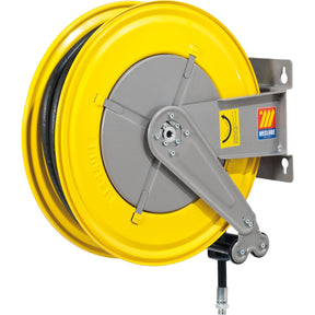 A yellow and gray Sparex Retractable Hose Reel Adblue / Antifreeze, 3/4'' x 15M - S.156534 mounted on a metal bracket with an antistatic black rubber hose extending from it.