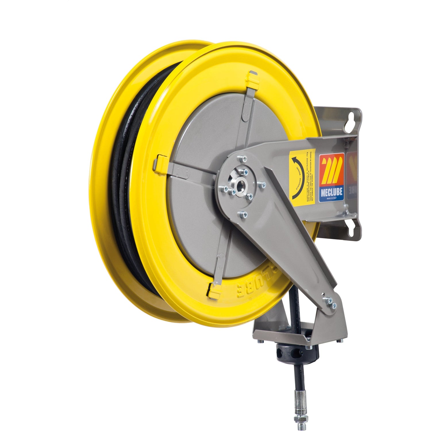 A yellow and gray Retractable Hose Reel Grease, 1/4'' x 15M - S.156536 by Sparex, featuring a synthetic black rubber hose, is mounted on a bracket.