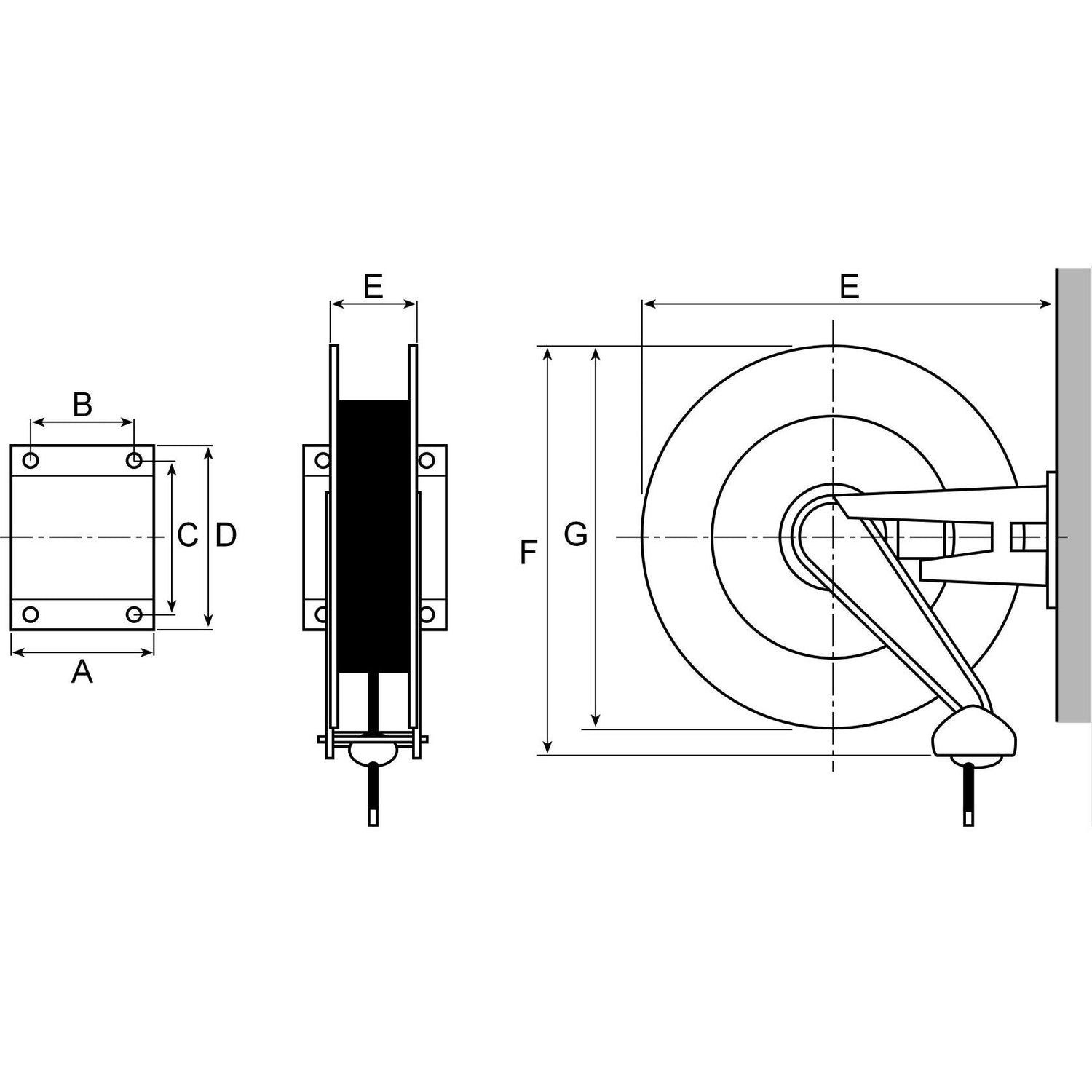 Technical drawing of a Sparex Retractable Hose Reel Water 150°C, 3/8'' x 15M (S.156542) mechanism, illustrating front, side, and top views with labeled dimensions A, B, C, D, E, F, and G. The reel is wall-mounted and includes a handle. This system is designed to accommodate a 15m synthetic rubber hose for optimal functionality.