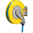A retractable hose reel water 150°C, 3/8'' x 15M - S.156542 with a bright yellow casing, 15m synthetic rubber blue hose, and metal mounting bracket. Branded "Sparex" with a label on the side.