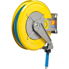 A retractable hose reel water 150°C, 3/8'' x 15M - S.156542 with a bright yellow casing, 15m synthetic rubber blue hose, and metal mounting bracket. Branded "Sparex" with a label on the side.