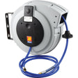 The Sparex Retractable Hose - S.156539 is a wall-mounted hose reel with a blue hose and nozzle, enclosed in a gray plastic housing with a black central panel, featuring Automatic Spring Rewinding for hassle-free storage.