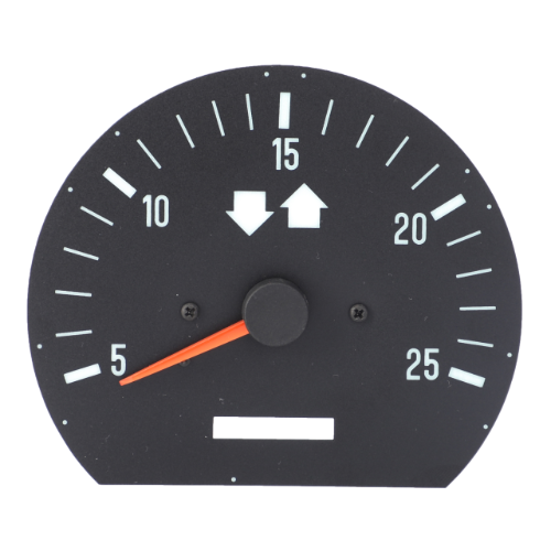 A vehicle gauge, specifically a Massey Ferguson - Rev Counter - 3907416M91 from AGCO, displays a red needle pointing to the 5 mark on a scale ranging from 0 to 25. Arrow symbols point upward and downward near the top center of the gauge, reminiscent of tractor parts in agricultural machinery.