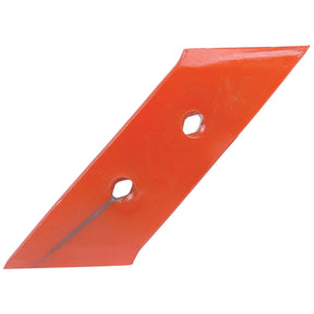 Image of an orange, metal Sparex Reversible Plough Point LH with an angled design and two holes in the center for fasteners. The Sparex S.78103 blade features a beveled edge.