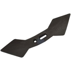 A Reversible double heart point tiller blade (440x130x15mm) in black steel by Sparex, featuring angled edges, an oblong mounting hole with 45/75mm centers, and heavy-duty fasteners for secure attachment (Sparex Part No. S.77827).