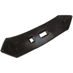 The Sparex Reversible Point 255x65x8mm, with hole centers at 40mm and 55mm, is a robust black rectangular metal piece featuring two 12mm square cutouts near the center and slightly angled ends, making it suitable for heavy-duty fasteners on universal tractors (Sparex Part No. S.77172 | To fit as: 646740M1).