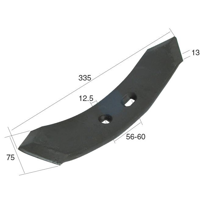 The Reversible Point from Sparex, measuring 335mm in length, 75mm in width, and 13mm in thickness. It features two rectangular holes with centers spaced 55-60mm apart and positioned 12.5mm from the edge, making it a perfect fit for Universal Tractors and ideal for use with heavy-duty fasteners. This versatile component can be used as part number S.77178 or to fit 0136702.