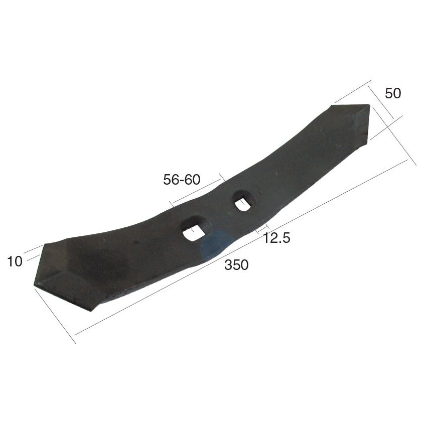 The Reversible Point, Sparex Part No. S.77112, is a black metal part designed for Universal Tractors. Measuring 350 mm in length, 50 mm in width, and 10 mm in thickness, it features two rectangular cutouts with labeled distances between them and includes a Ø 12mm hole for versatile applications. Hole centers are spaced at 55/60mm.

