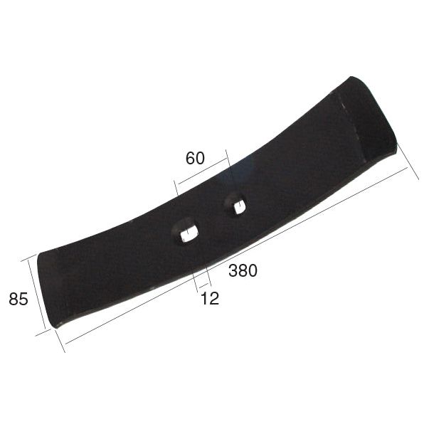 The Sparex Reversible Point (Sparex Part No. S.77187) is a black, rectangular object with curved sides, measuring 380mm in length, 85mm in height, 60mm in middle width, and 12mm in thickness. It features two centrally located rectangular holes compatible with heavy-duty fasteners.