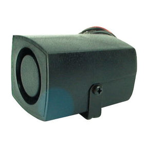 The Sparex Reversing Alarm - S.14284 is a compact, black, rectangular device featuring a circular front grill and mounting bracket, making it ideal for various settings.