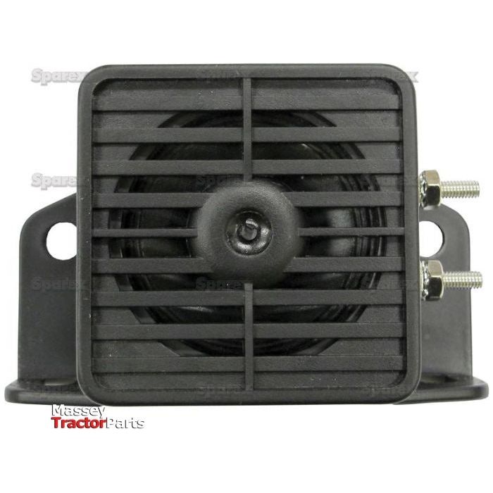The Sparex Reversing Alarm - White Noise - S.28894 is a versatile horn speaker suitable for various tractor or vehicle models. It is mounted on a black base with two visible bolts on the side, and the grill of the speaker features horizontal slats.