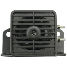 The Sparex Reversing Alarm - White Noise - S.28894 is a black rectangular electronic device with a front grille and mounting brackets on each side, featuring two screws on the right, making it suitable for various applications.