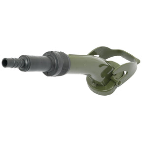 A green metal fuel nozzle with a flexible hose attachment and a handle designed for manual operation, perfect for use with the Sparex Rigid Spout for Jerry Can (Sparex Part No. S.12693).