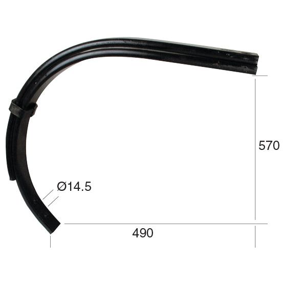 The Sparex Ripper tine 55x25/25mm (Sparex Part No. S.77131), designed to fit as part number 1800625 for Universal Tractors, features a black curved metal pipe with dimensions including a 14.5 mm diameter, a length of 490 mm, and a height of 570 mm.