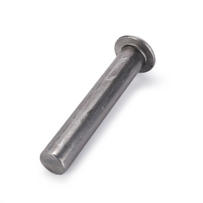 A cylindrical metal rod with a slightly wider circular base on one end, designed to fit the components of the Massey Ferguson 100 Series Combine perfectly, is referred to as the Massey Ferguson - Rivet Spring to Blade (Part Number: 1441934X1) by AGCO.