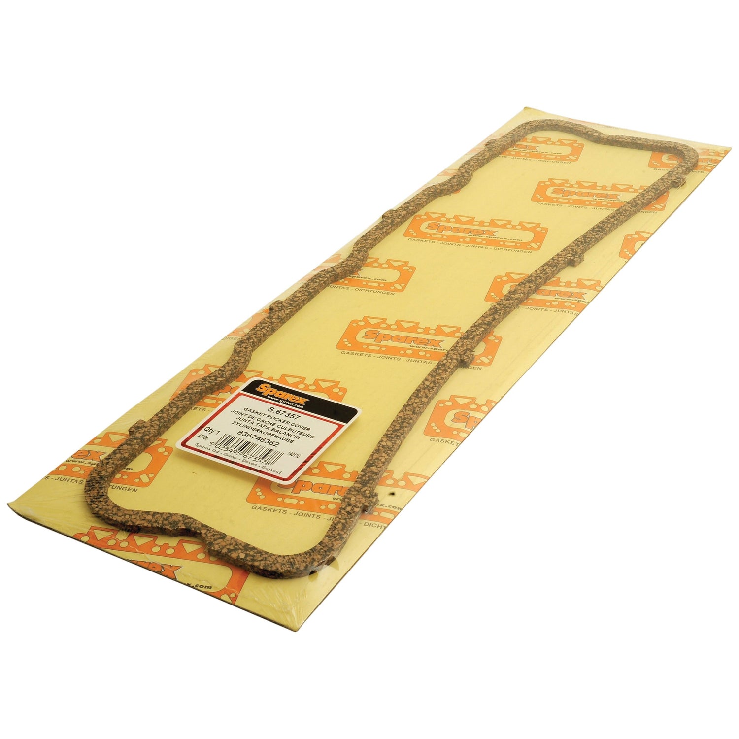 A Rocker Cover Gasket - 4 Cyl. (Sparex Part No. S.67357) laid on yellow and orange branded packaging, suitable for Valmet engines.