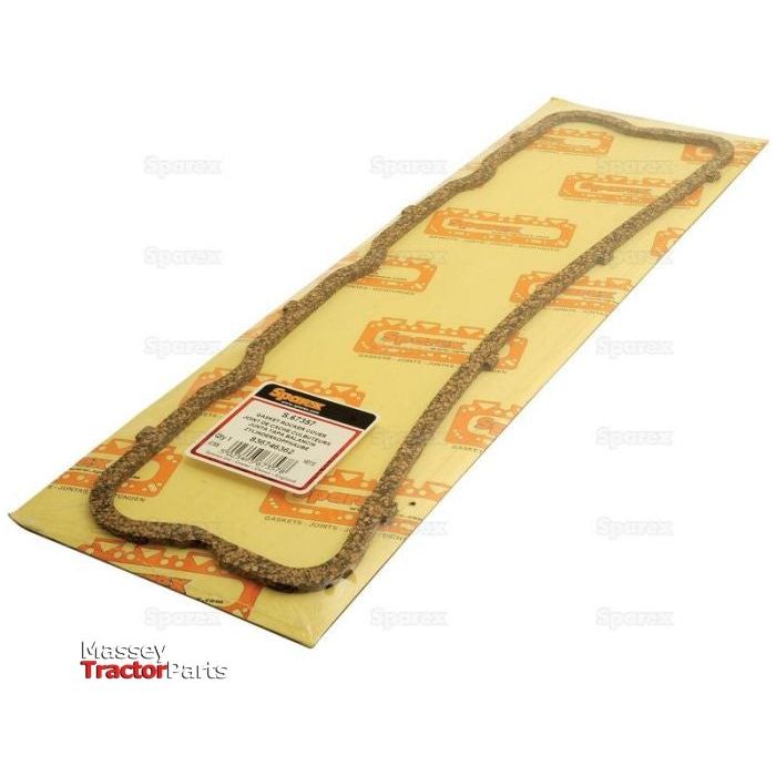 A rocker cover gasket (4 cylinder) marked as Sparex Part No. S.67357 is displayed in packaging labeled "Massey Tractor Parts" alongside a Case IH Harvester logo. The packaging features a yellow and brown color scheme with prominent branding and product information.