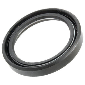 Close-up of a black rubber oil seal ring with a metal spring inside, commonly used in machinery to prevent leakage of lubricants. This high-quality Rocker Shaft Seal (Sparex Part No. S.67704) by Sparex is compatible with Ford New Holland equipment.