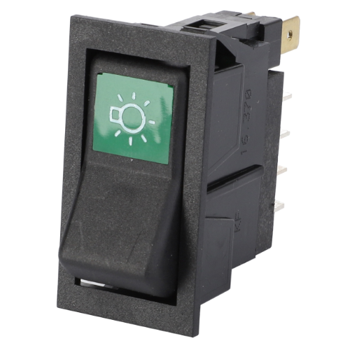 The Massey Ferguson 3533922M91 rocker switch by AGCO is a black rectangular switch featuring a green light bulb symbol on the top portion, indicating it controls a lighting device, and is compatible with Massey Ferguson tractors and other similar tractor parts.