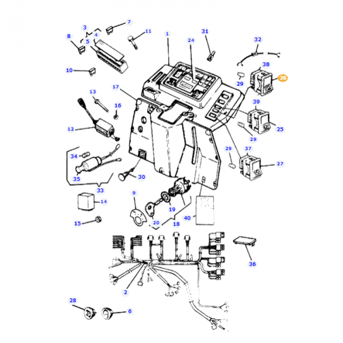 Exploded view diagram of a mechanical device with numbered parts and components, showing how each piece fits together, specifically highlighting the Massey Ferguson Rocker Switch (3533922M91) from AGCO.