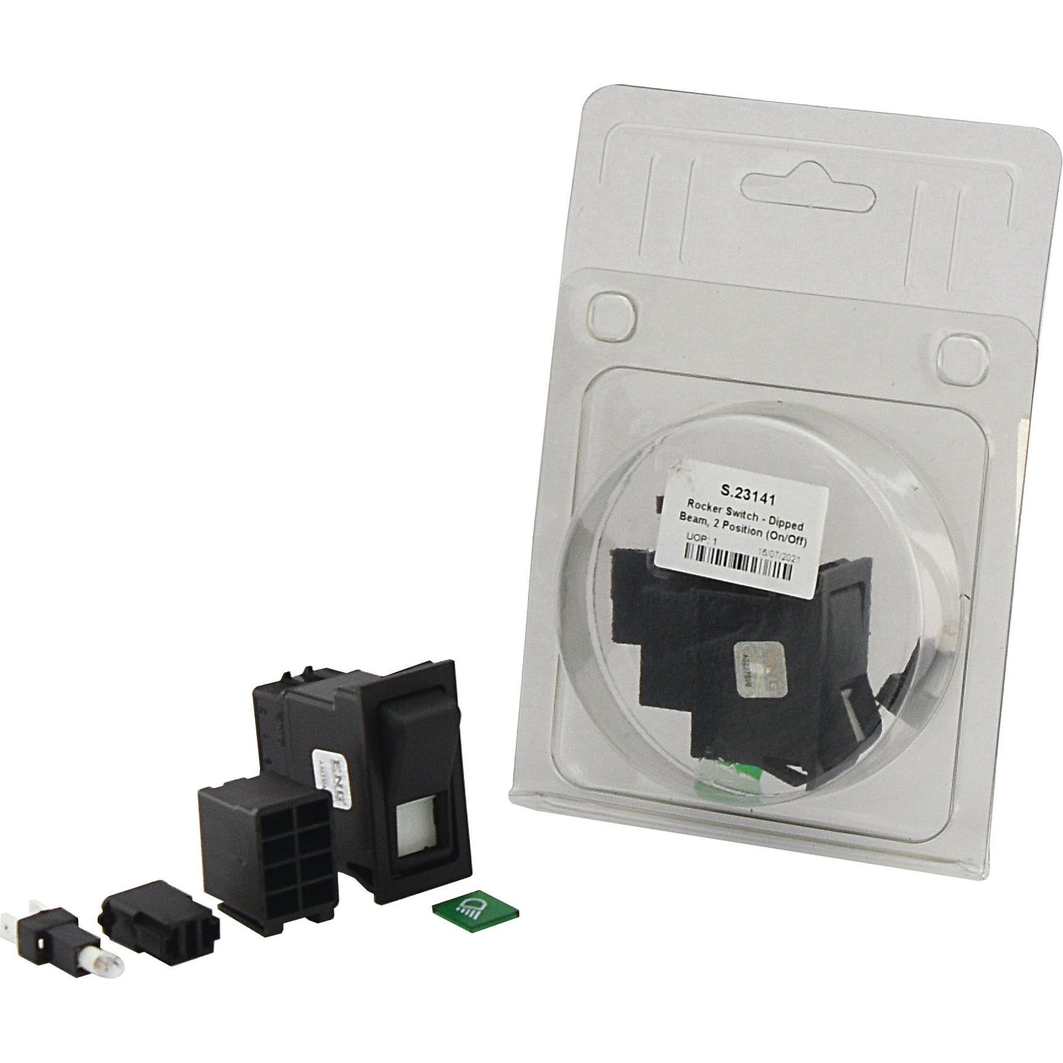 A compact black and white rocker switch, labeled "Rocker Switch - Dipped Beam, 2 Position (On/Off) - S.23141" by Sparex, accompanied by additional parts nearby. The partially visible packaging confirms an IP65 rating for durability in various conditions.
