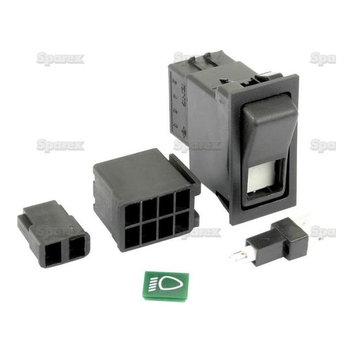 The Sparex Rocker Switch - Dipped Beam, 2 Position (On/Off) - S.23141, featuring multiple components such as a latching switch, connectors, and a green indicator tab, is displayed.