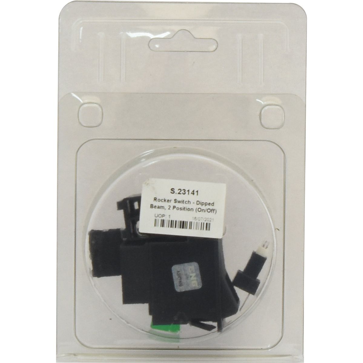 A clear plastic package containing a black latching switch labeled "Rocker Switch - Dipped Beam, 2 Position (On/Off), 12V DC, IP65" by Sparex, with the product code S.23141. The package features a transparent hang tab.