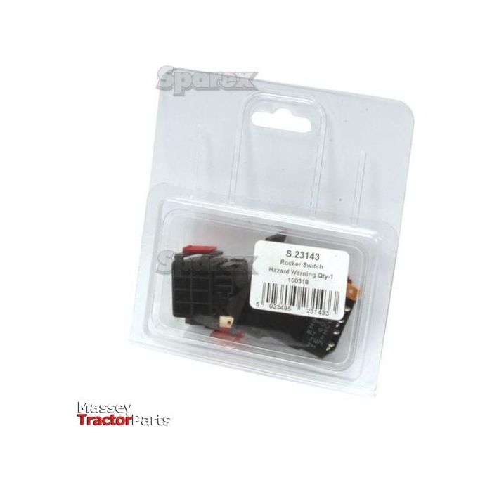 A packaged IP65 latching rocker switch labeled "Rocker Switch - Hazard, 2 Position (On/Off) (Qty-1)" with part number S.23143, presented in a clear plastic container. The packaging includes the logo "Sparex".