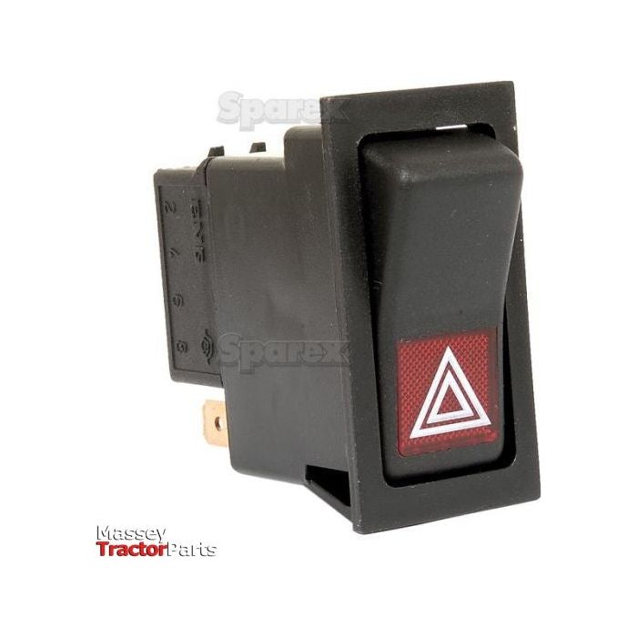 A Sparex Rocker Switch - Hazard, 2 Position (On/Off) | Sparex Part No. S.23153 featuring a black rectangular design with a red triangle hazard light symbol, specifically designed for use in Massey Ferguson tractors.
