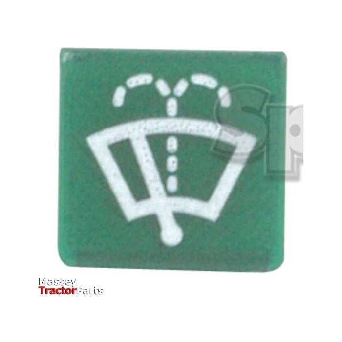 A green square icon with a white windshield wiper and water jet spray symbol, associated with a vehicle's windshield washer function. Text: "Massey Tractor Parts." This Sparex Rocker Switch Insert - Wiper Washer (Sparex Part No.S.18159) ensures your tractor's wiper washer system operates smoothly.