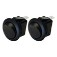 Two black round Rocker Switch Miniature - Universal Fitting, 2 Position (On/Off) - S.29480 from Sparex, shown from an angled view. Suitable for a variety of applications, these switches ensure reliable performance with metal connectors.