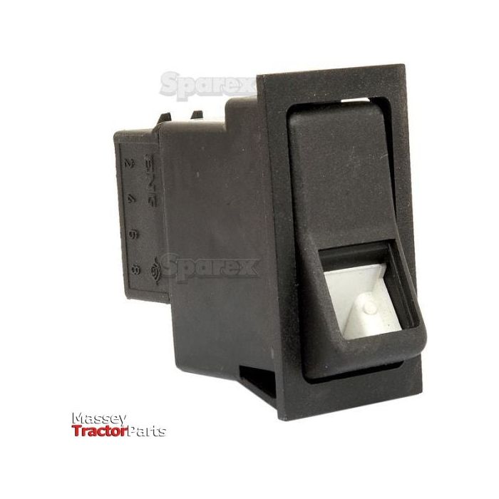 This 12V black rectangular latching switch, designed for tractor parts, features a white indicator inside. Labeled "Massey Tractor Parts" and "Sparex," the Rocker Switch - Universal Fitting, 2 Position (On/Off) - S.23151 boasts an IP65 rating for durability.