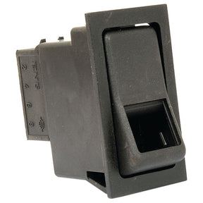 The Sparex Rocker Switch - Universal Fitting (3 Position: Off/1/2) - S.13400 is a black, rectangular switch with a slightly angled face and three prongs on the back. It features identification numbers on one side and is suitable for various applications. Detailed manufacturer information is provided for easy installation.