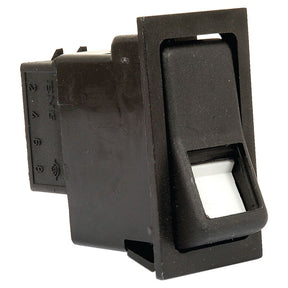 The Sparex Rocker Switch - Universal Fitting, 3 Position (Off/1/(2)) - S.18157 is a black, rectangular, 12V DC switch with a white indicator. It features connection terminals on the back and has an IP65 rating.
