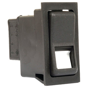 The Sparex Rocker Switch - Wiper Washer, 3 Position (Off/1/(2)) - S.18104 features a black rectangular design with a plastic casing and a cut-out window in the lower middle section. The IP65-rated switch body extends into a square connector housing at the back, making it suitable for 12V DC applications.