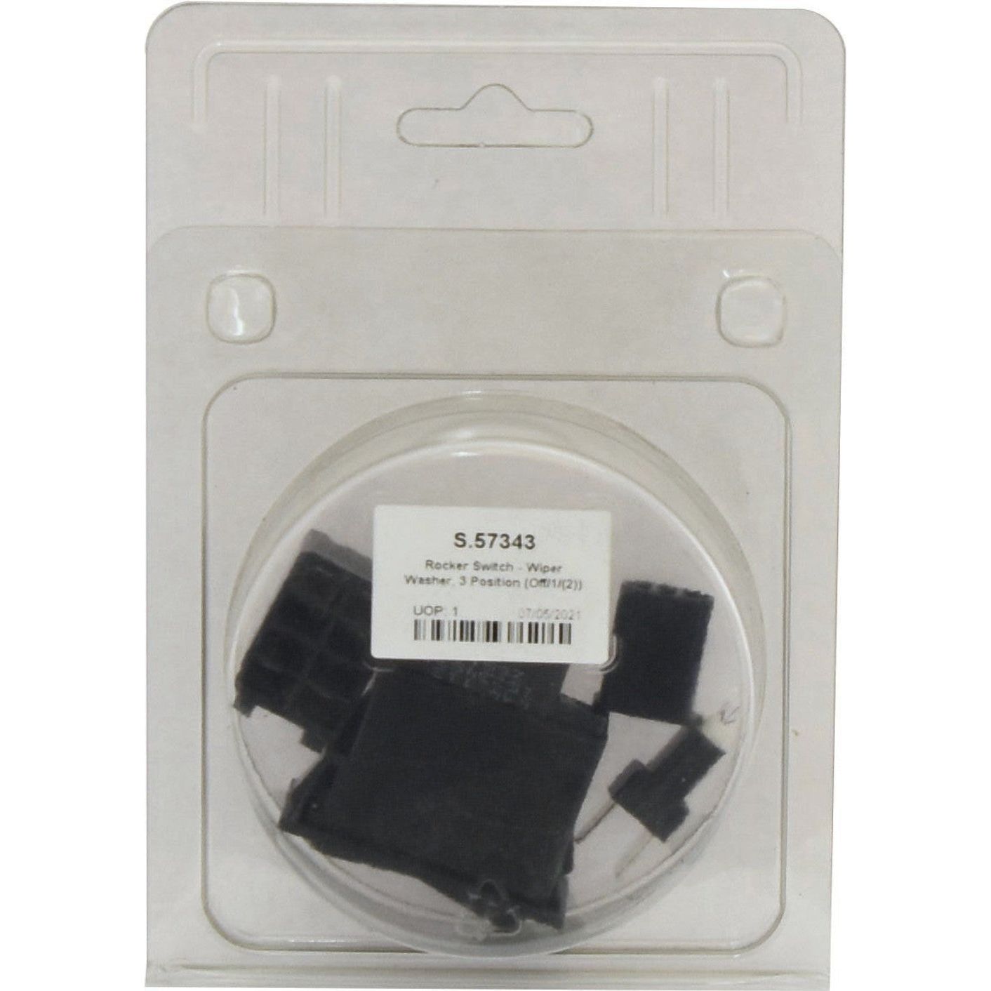 The retail package includes a Sparex Rocker Switch - Wiper Washer, 3 Position (Off/1/(2)), product code S.57343. This black latching rocker switch, rated at 12V DC, provides IP65 protection.