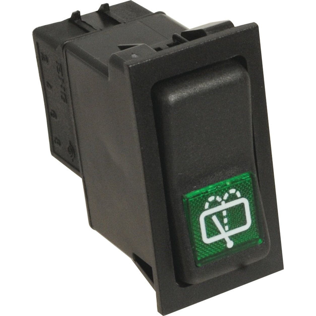 A Rocker Switch - Wiper Washer (Sparex S.57343) with a black rectangular latching design, a green indicator displaying a windshield washer symbol, rated for 12V DC, and featuring IP65 protection.