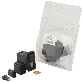 An unpackaged black electrical switch mechanism, reminiscent of the robust Massey Ferguson design, with multiple components displayed next to its transparent packaging. This Sparex Rocker Switch - Work Lights S.23160 (2 Position On/Off) boasts IP65 certification for reliable performance.