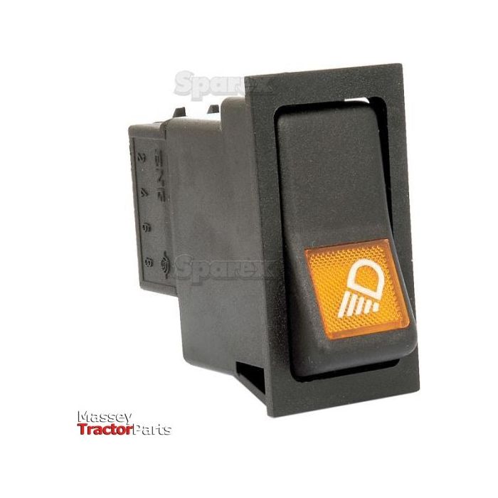 A close-up image of a black rectangular Sparex Rocker Switch - Work Lights, 2 Position (On/Off) - S.23160 with an orange indicator light and a headlight symbol. The Massey Tractor Parts logo, proudly showcasing its connection to Massey Ferguson, is visible in the bottom left corner. The switch is IP65 rated for durability and performance.