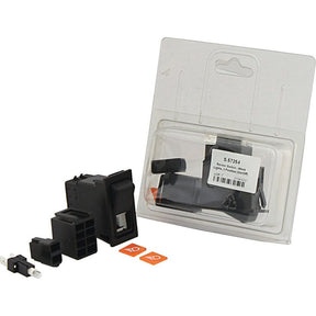Plastic packaging containing a black plastic modular component with additional smaller parts and labels, labeled "S.57254". This package includes an IP65 rocker switch designed for 12V DC, ideal for Agripak work lights, branded by Sparex.