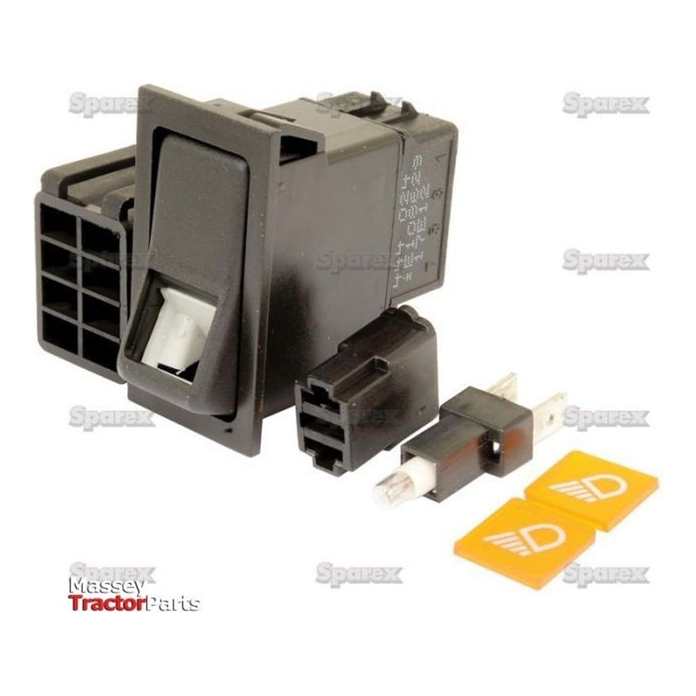 Description: The Sparex Rocker Switch - Work Lights, 2 Position (On/Off) (S.57254) is a black 12V DC switch featuring multiple connectors, two plastic fuse holders, and two yellow stickers with white icons. Perfect for Agripak work lights. The background is white with light grey "Sparex" logos.