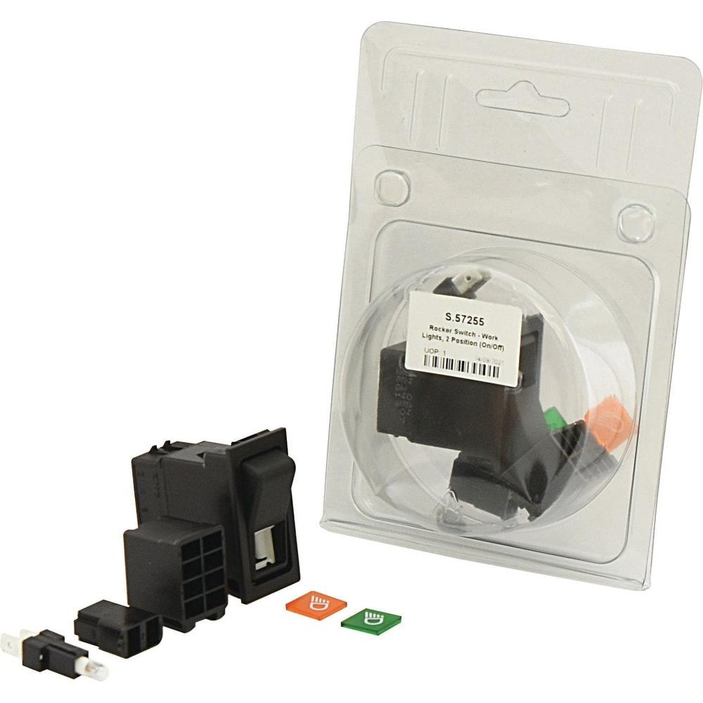 A Sparex Rocker Switch - Work Lights, 2 Position (On/Off) (S.57255), featuring IP65 rated connectors and designed for 12V DC operation with two color-coded relays packaged together.