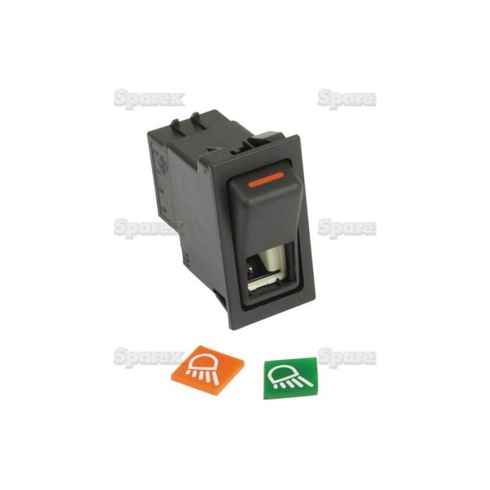 A Sparex Rocker Switch - Work Lights, 2 Position (On/Off) - S.57255 with a black latching mechanism featuring additional colored indicators in orange and green, each displaying a windshield and wiper icon on a white background. This switch is suitable for 12V DC systems and designed to meet IP65 standards.