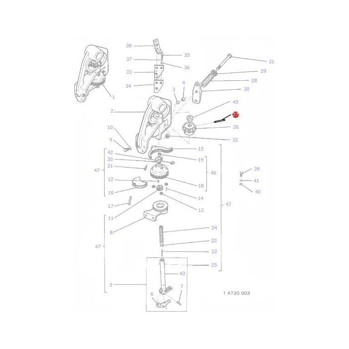 Diagram of a mechanical assembly showing numbered components, including gears, levers, and bolts from the 200 Series, featuring the Massey Ferguson - Roll Pin - 367096X1 by AGCO, arranged in an exploded view for detailed part identification and assembly instructions.