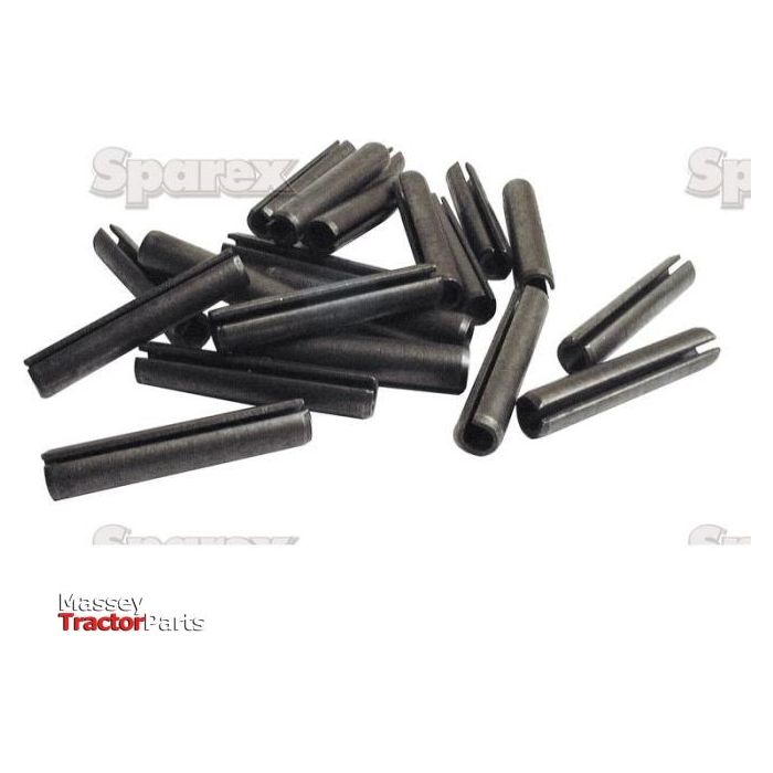 The image displays a neat assortment of black cylindrical roll pins on a white background, with faint "Sparex" logos in the background and a "Massey Tractor Parts" logo at the bottom left. These roll pins meet DIN 1481 standards and are available under Sparex Part No. S.2230, covering sizes from 1/16'' to 1/2'' & 3 - 10mm (36 pcs) in the Agripak series.
