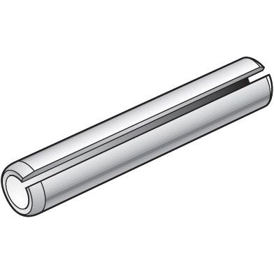 A detailed illustration of a Sparex Roll Pin, available in both metric (3-10mm) and imperial (1/16'' - 1/2'') sizes, featuring a cylindrical shape with a single longitudinal slit, manufactured according to DIN 1481 standards.