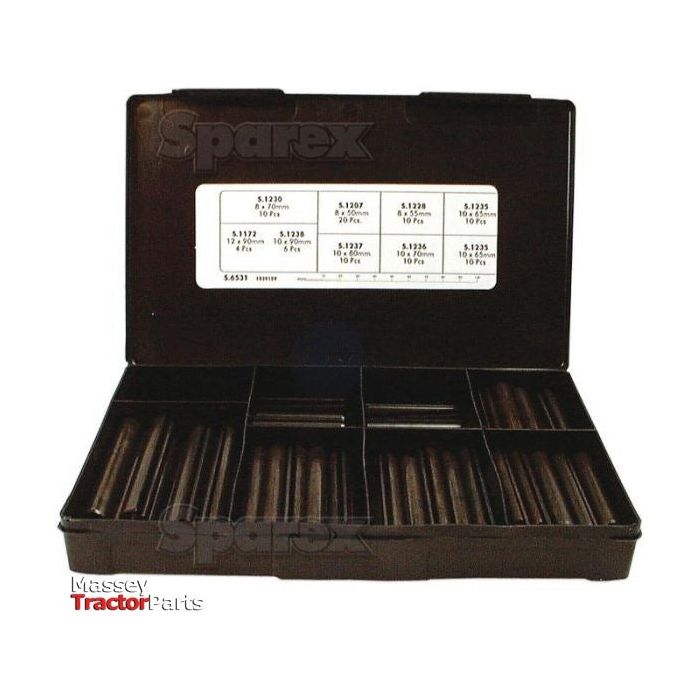 A black plastic case labeled "Sparex" and containing 90 roll pins in various metric (8mm, 10mm) and imperial (1/2'') sizes, with a white label listing specifications inside the lid for Massey Tractor Parts. Product number: S.6531.