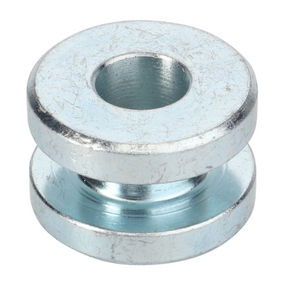 The Massey Ferguson - Roller - D49040600 by AGCO is a cylindrical metal spacer with two wide flat ends and a central hole, essential for maintaining proper alignment in Massey Ferguson machinery.