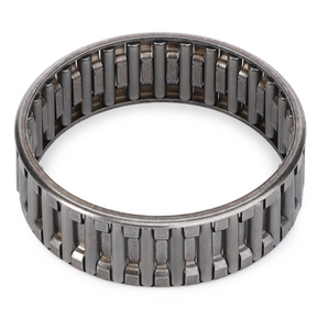 The AGCO Massey Ferguson - Roller Rangebox - 3613629M2 features a cylindrical needle roller bearing with an open end and a metallic finish. This component is commonly used in Massey Ferguson tractor parts and includes evenly spaced rollers encased within a metal ring.